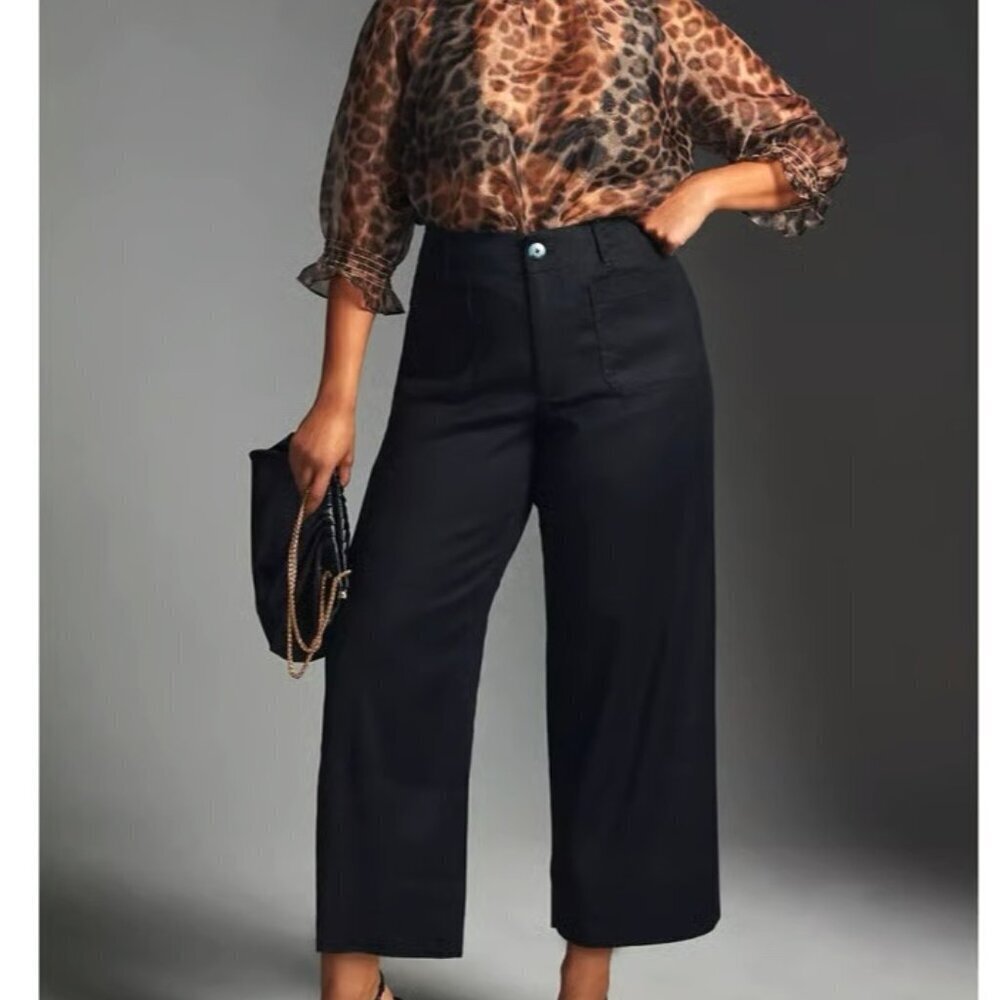 The Colette Cropped Black Classic Wide Leg Pants: Linen Edition Navy Blue 26W